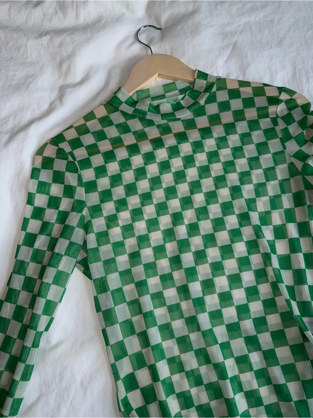 Checkered Bodysuit | Green & White Gingham Mesh Top